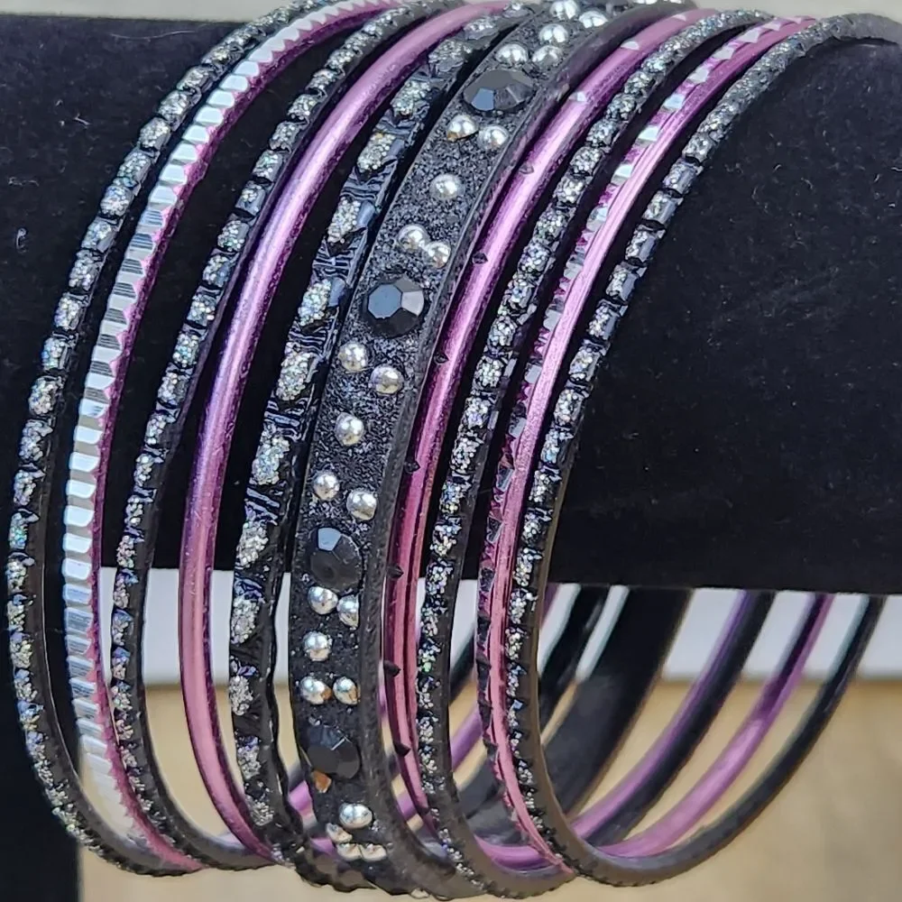 💜Hot Pink & Black 10-Piece Stackable Metal Bangle Bracelet Set - Picture 4 of 6